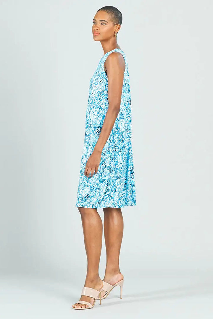 Textured Jewel Neck Swing Dress - Floral Rain