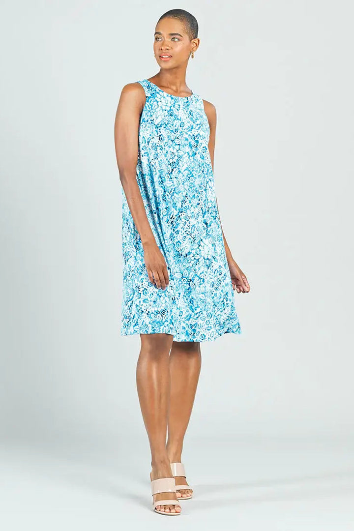 Textured Jewel Neck Swing Dress - Floral Rain
