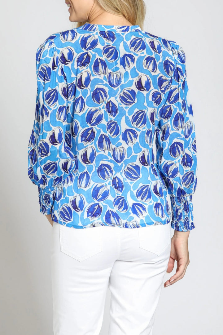 Sapphire Split Neck Top With Smocked Cuffs