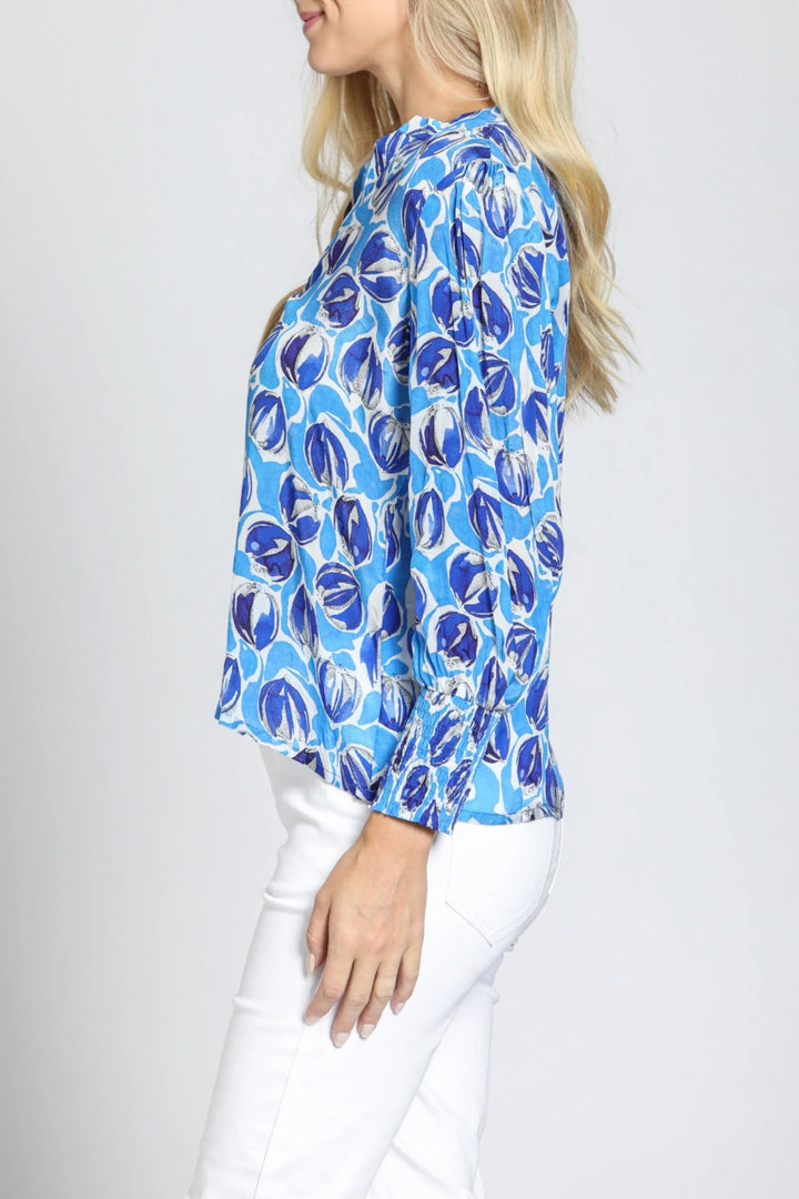 Sapphire Split Neck Top With Smocked Cuffs
