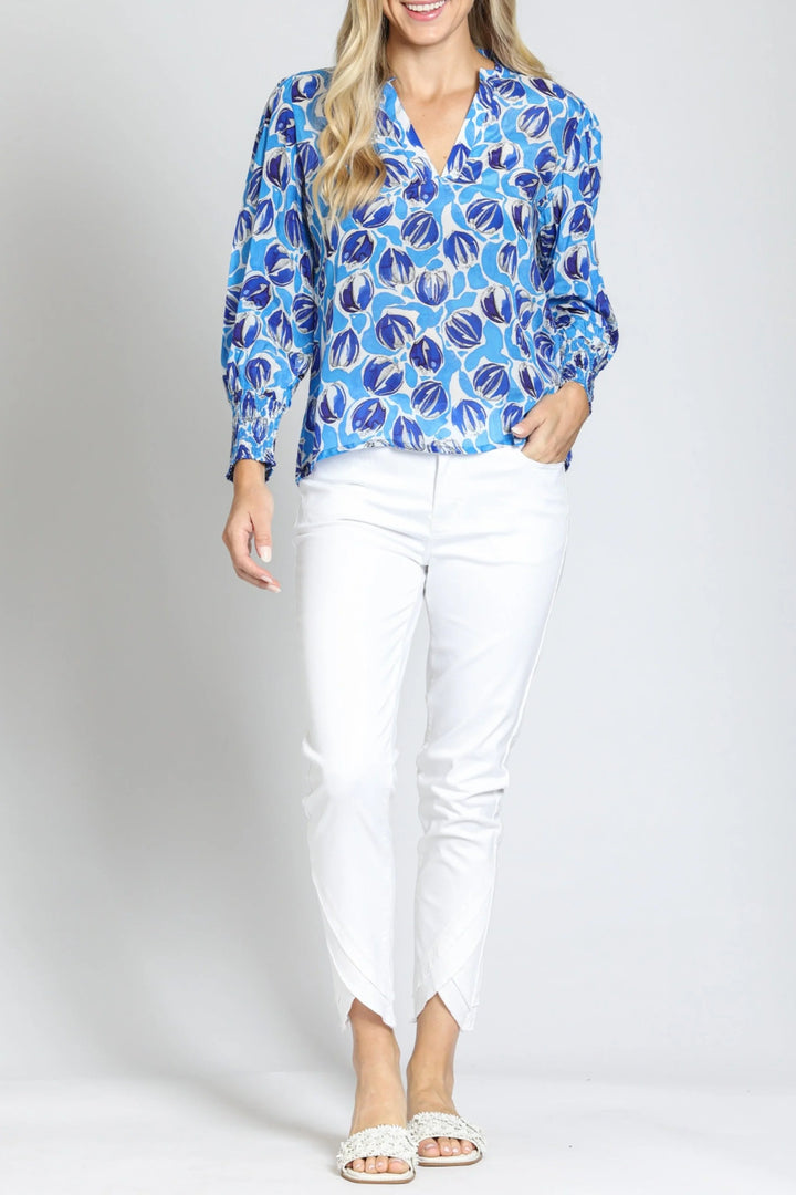 Sapphire Split Neck Top With Smocked Cuffs