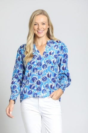 Sapphire Split Neck Top With Smocked Cuffs