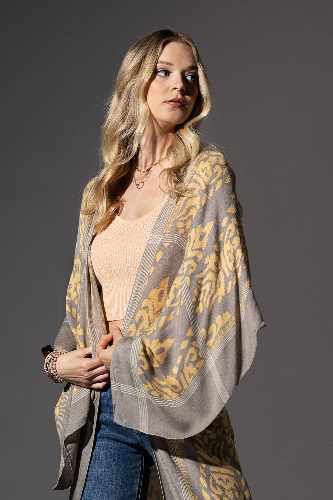 Damask Print Kimono with Sleeves