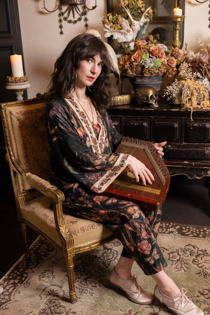 Momento Pixie Duster Crop Kimono w/ Floral, Starling & Skull