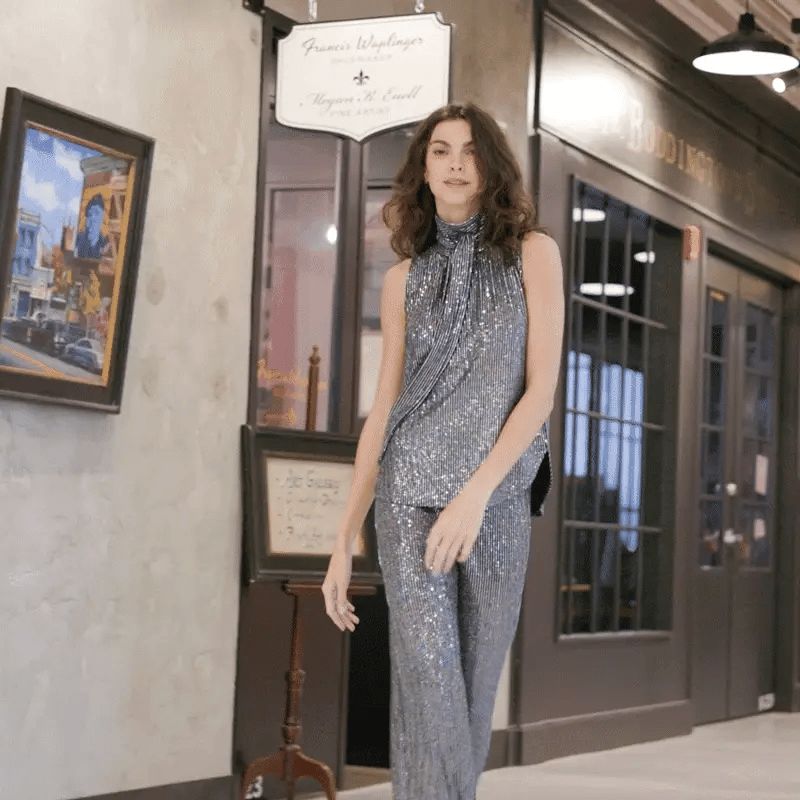 Shimmer Sequin - Mock Neck-Tie Detail Top