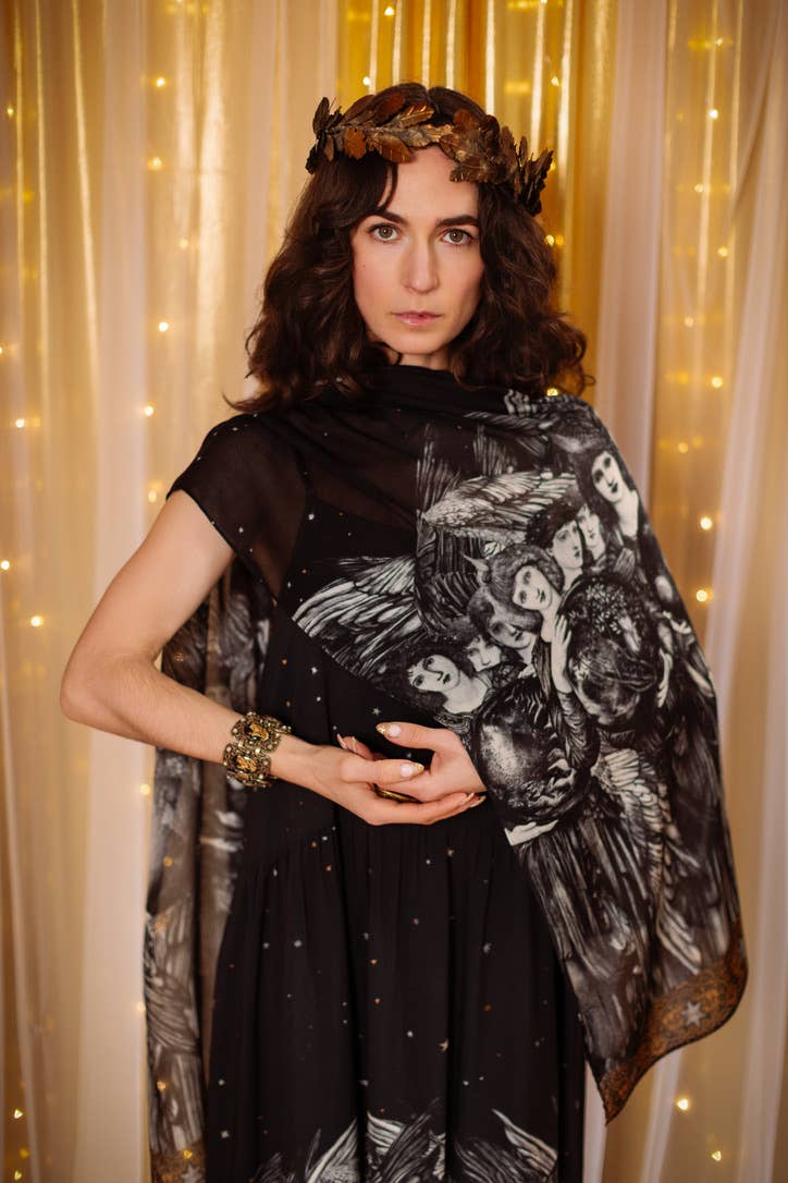 The Guardians Bohemian Scarf with celestial print & angels