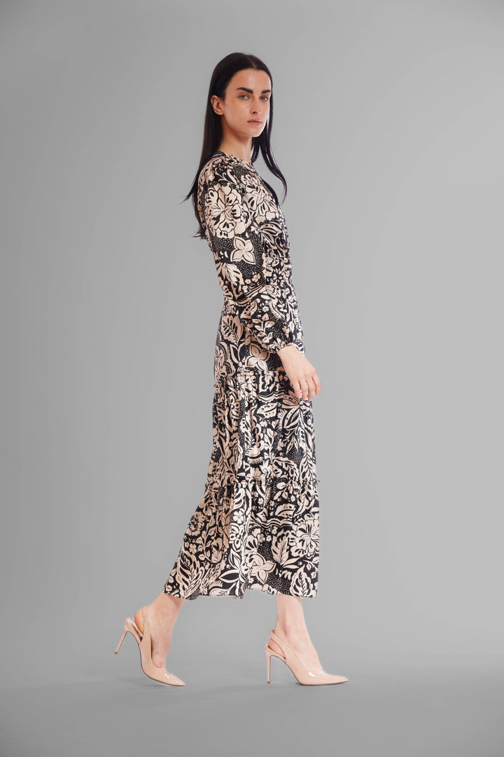 Long Sleeve V-Neck Elastic Waist Tiered Dress