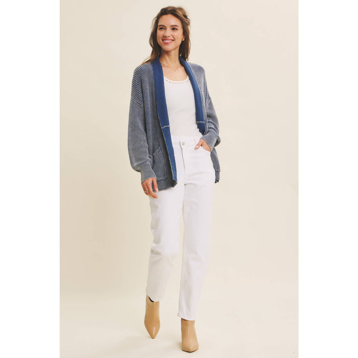 Mineral-Washed Open Front Cotton Sweater Cardigan