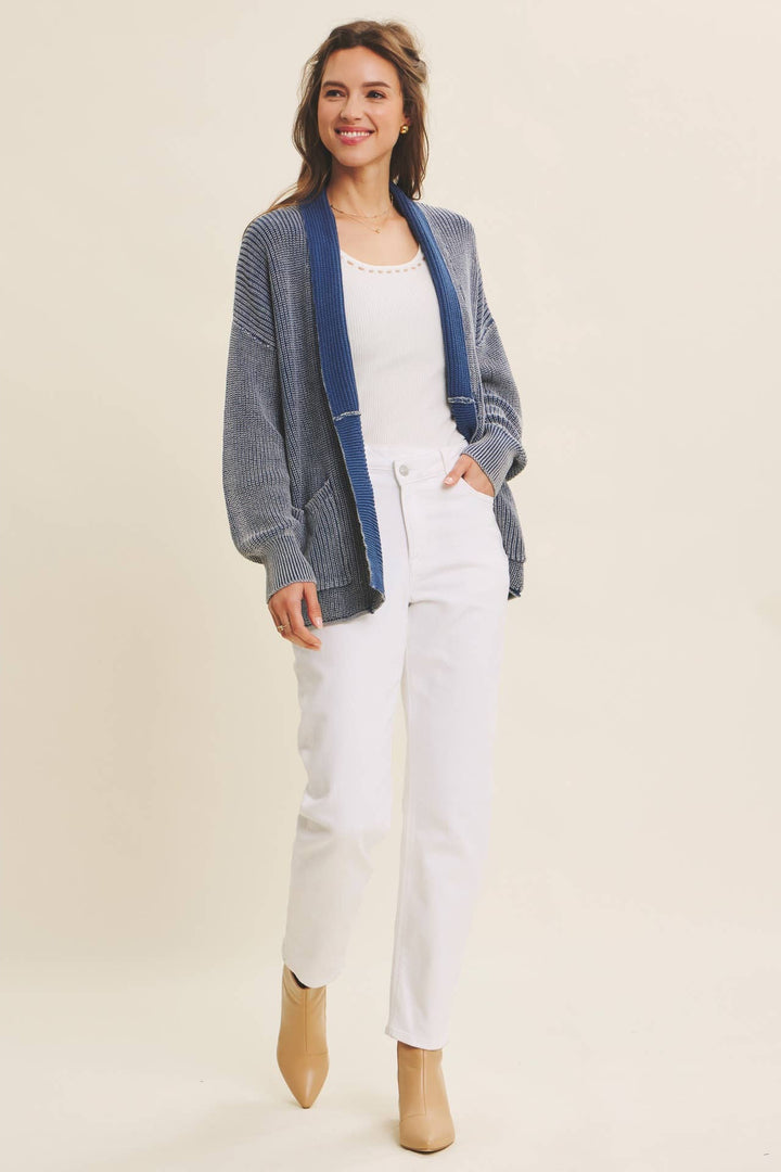 Mineral-Washed Open Front Cotton Sweater Cardigan