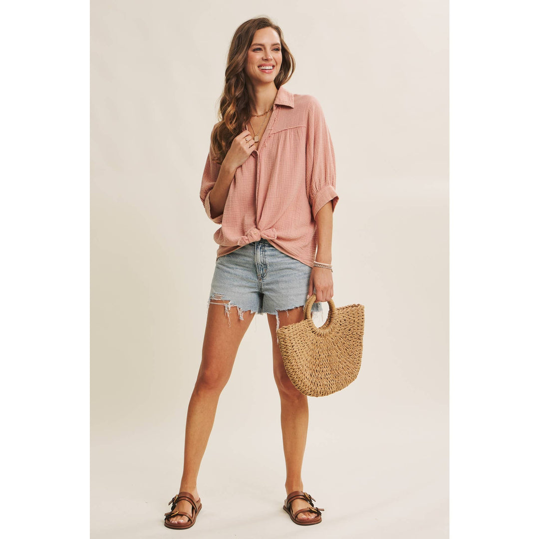 Breathable Mineral Washed Cotton Gauze Button Down Shirt