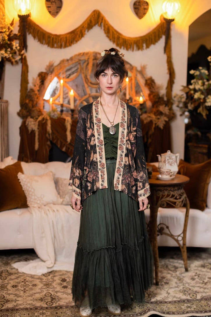 Momento Pixie Duster Crop Kimono w/ Floral, Starling & Skull