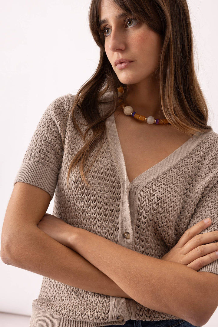 Short Sleeve Structured Knit Cardigan