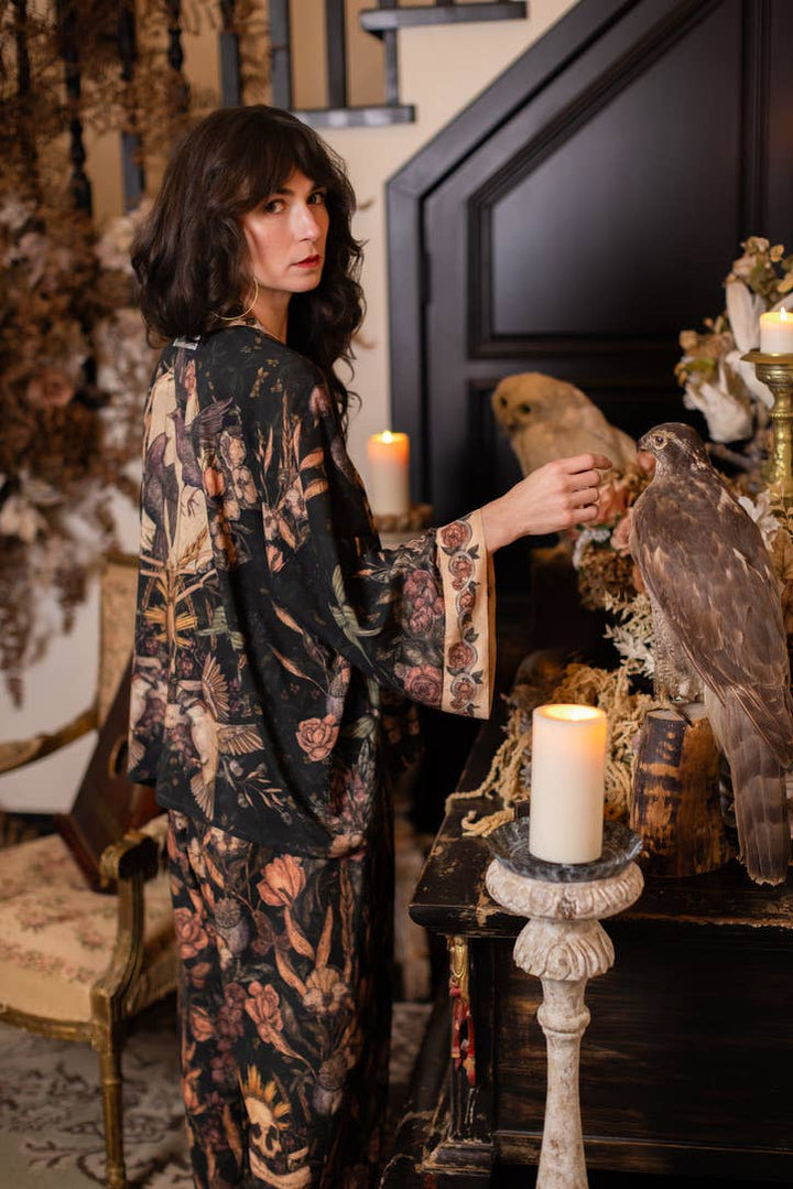 Momento Pixie Duster Crop Kimono w/ Floral, Starling & Skull