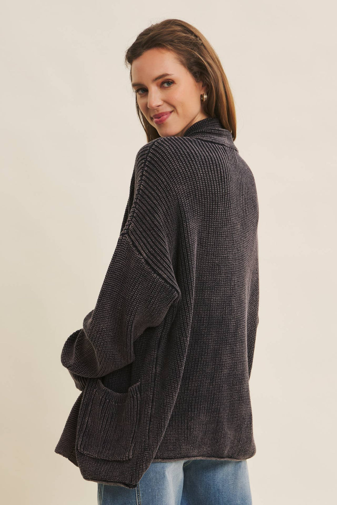 Mineral-Washed Open Front Cotton Sweater Cardigan