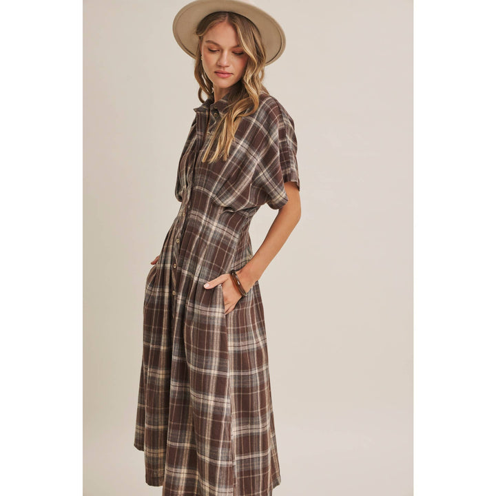 Rustic Pathway Pin-Tucked Waist Plaid Transition Dress