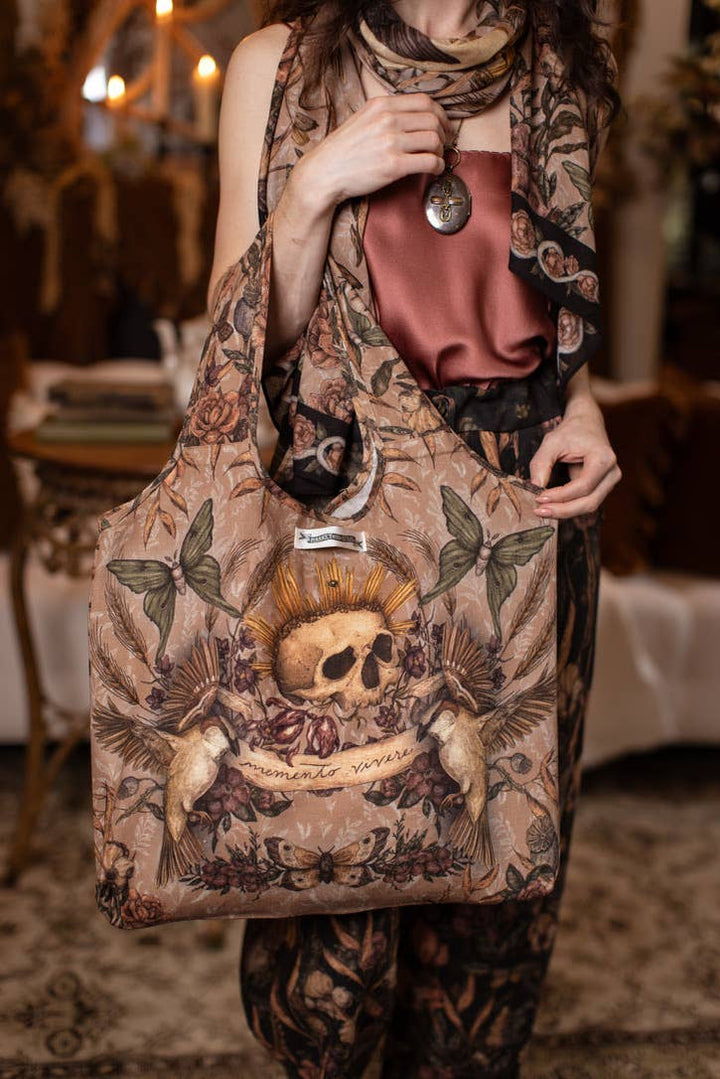 Momento Linen Tote Bag w/ Starling, Skull & Floral Print
