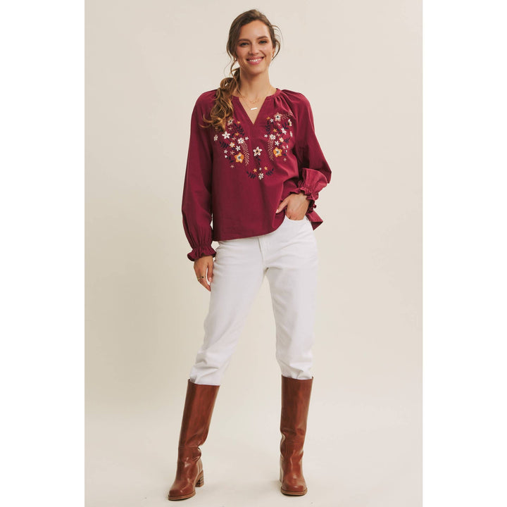 Warmth of Fall Bohemian Embroidered Flare Cotton Blouse Top