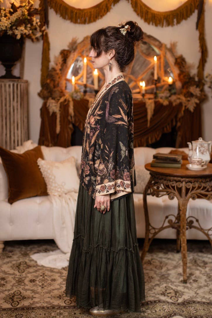 Momento Pixie Duster Crop Kimono w/ Floral, Starling & Skull