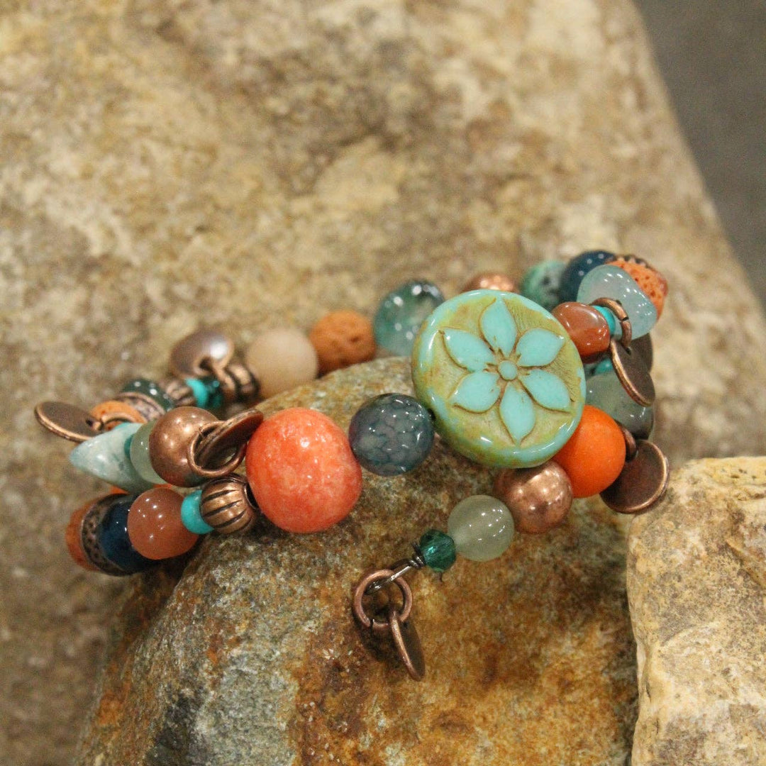 Turquoise Flower Coin Bead Wrap Bracelet