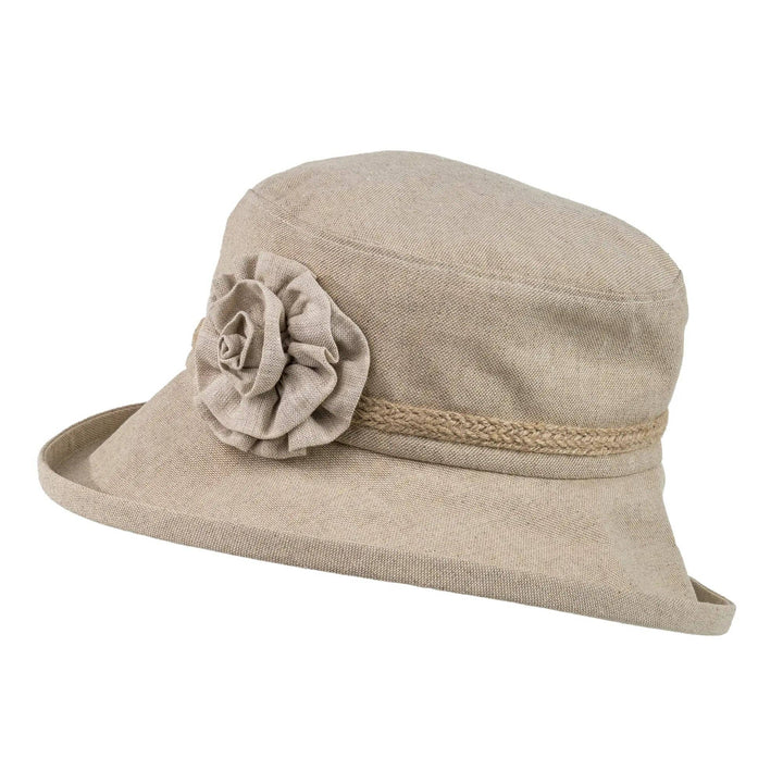 Ladies Durable Linen Feminine Hat Natural Colour Trimmed With a Linen Flower.