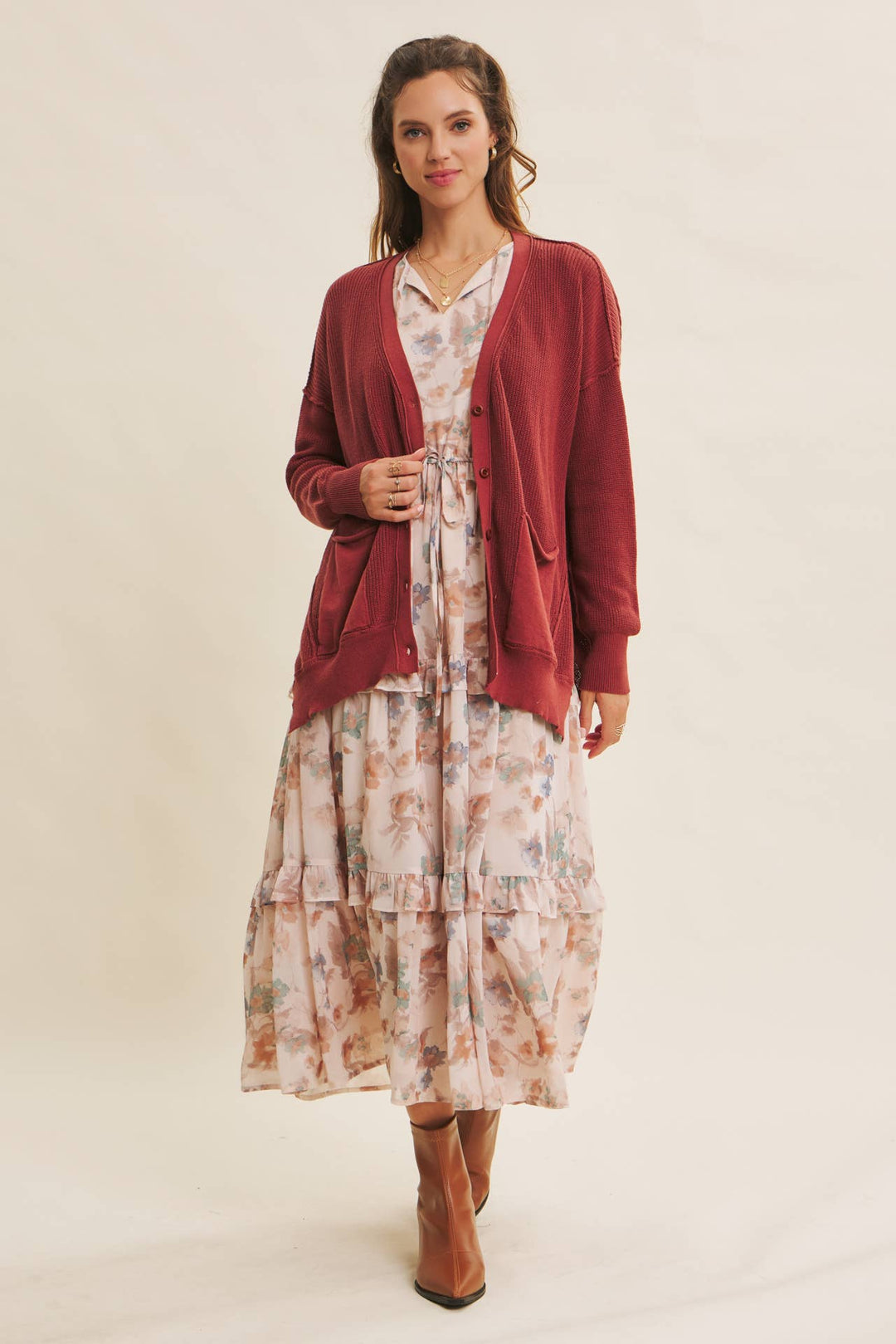 Slouchy Charm Button-Down Cardigan With Contrast Weave