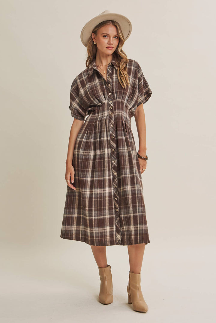 Rustic Pathway Pin-Tucked Waist Plaid Transition Dress