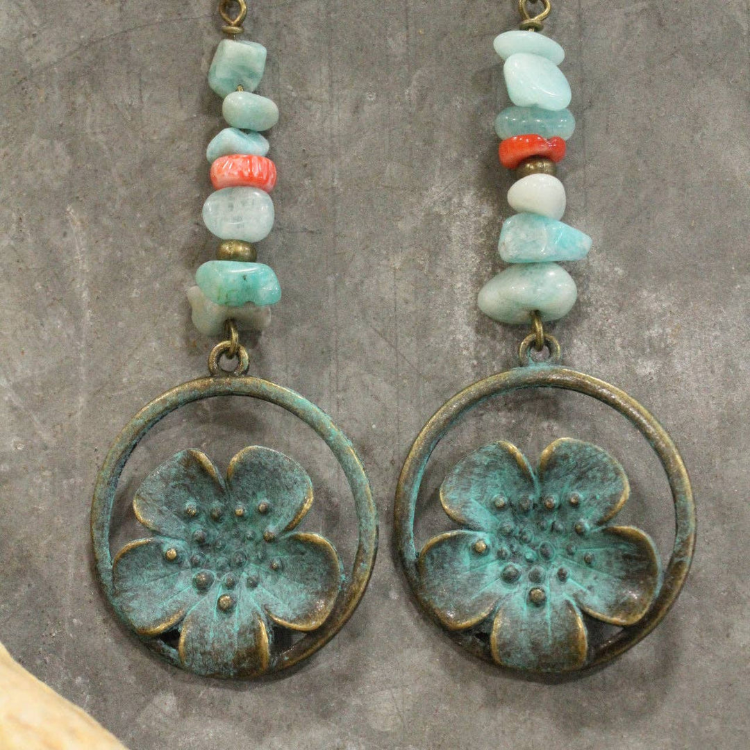 Patina Flowers With Stone Accent Earrings