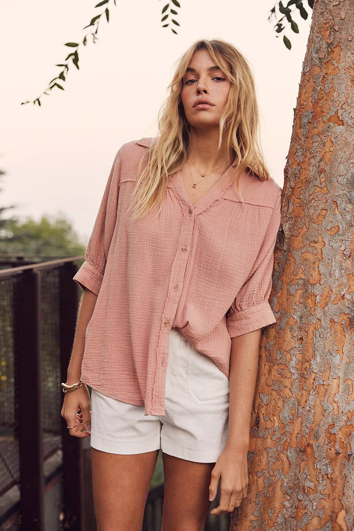 Breathable Mineral Washed Cotton Gauze Button Down Shirt