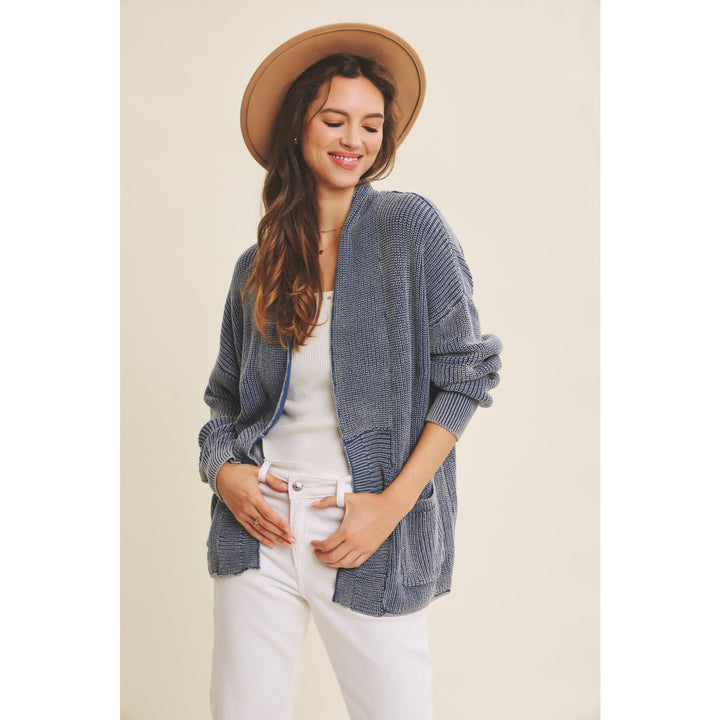 Mineral-Washed Open Front Cotton Sweater Cardigan