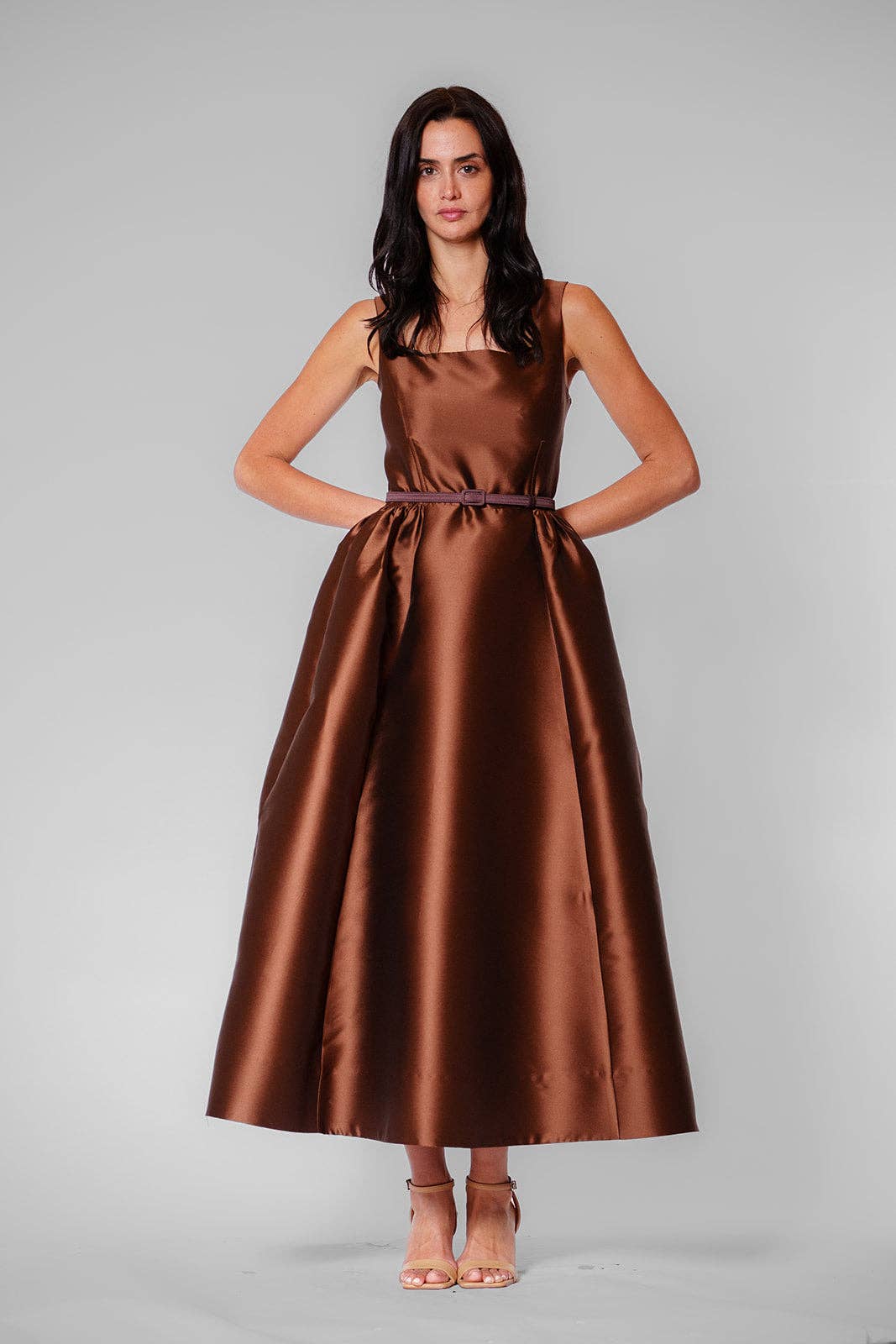 Sleeveless Square Neck Midi Dress w/Velvet Belt