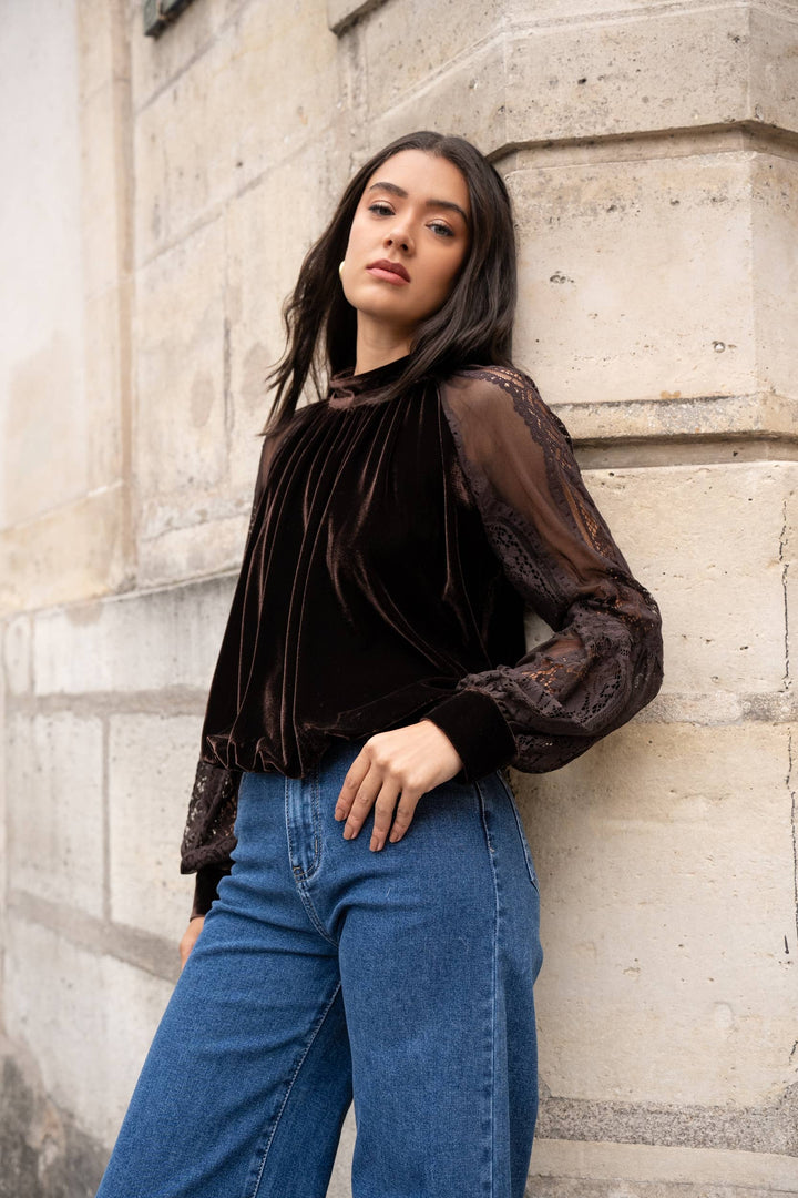 Two-material Velvet Blouse with Lace Sleeves