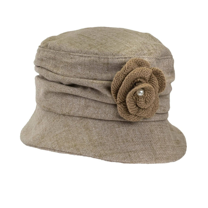 Soft Ruched Cloche Style Winter Hat Adorned With Textured Flower Trim