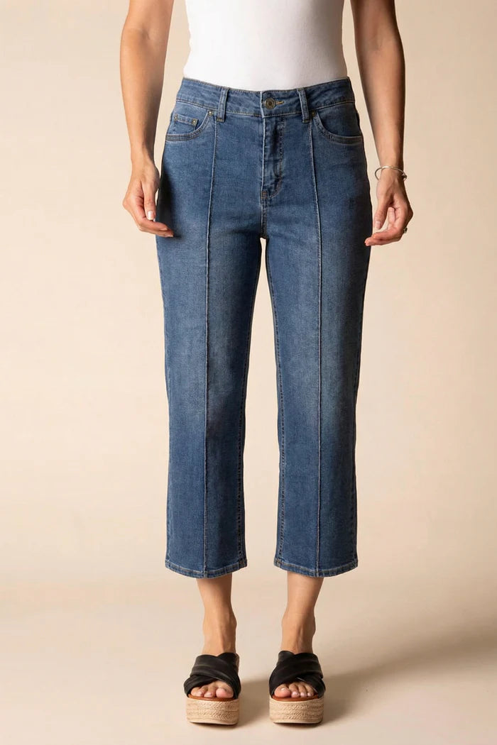 Stretch Denim Seamed Cropped Flare