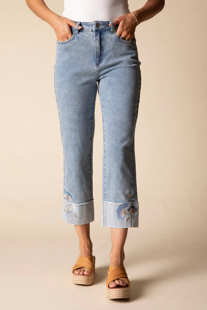 Stretch Denim Embroidered Cuff Capri