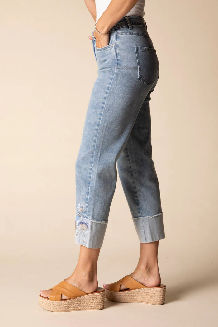 Stretch Denim Embroidered Cuff Capri