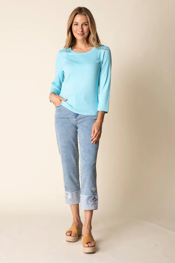 Stretch Denim Embroidered Cuff Capri