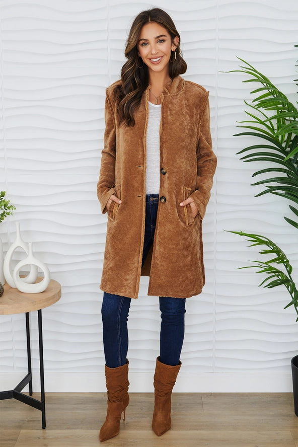 Stand Collar Corduroy Car Coat with Pockets