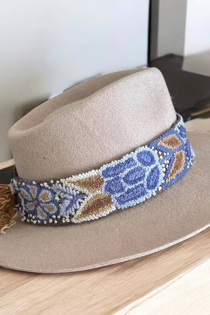 Embroidered Hat Band with Tassels - Terracota Blues