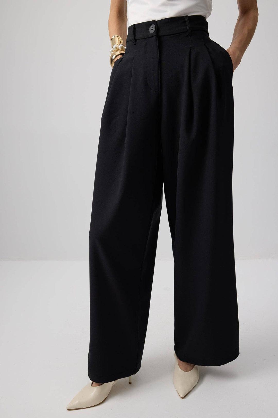 High-Waisted Pleated Crepe Trousers