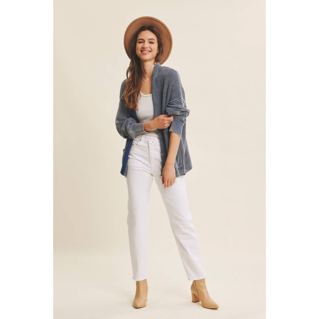 Mineral-Washed Open Front Cotton Sweater Cardigan