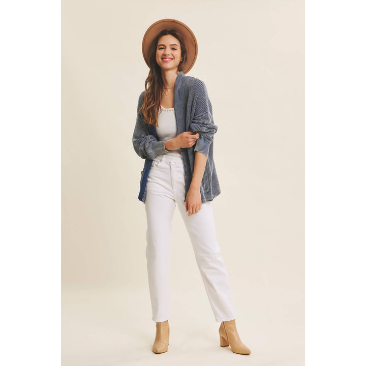 Mineral-Washed Open Front Cotton Sweater Cardigan