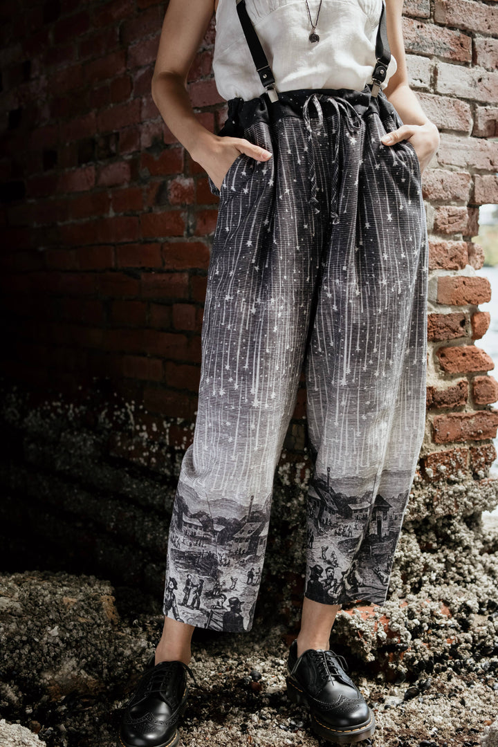 Stargazer Boho Linen Falling Star Print Cropped Artist Pants