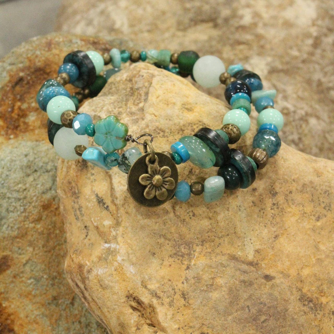 Czech Turquoise Picasso Flower Bead Wrap Bracelet