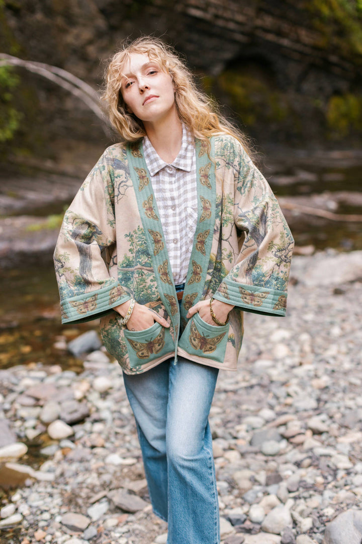 Earth & Sky Fleece Cottage Cardigan Kimono Jacket w/Trees