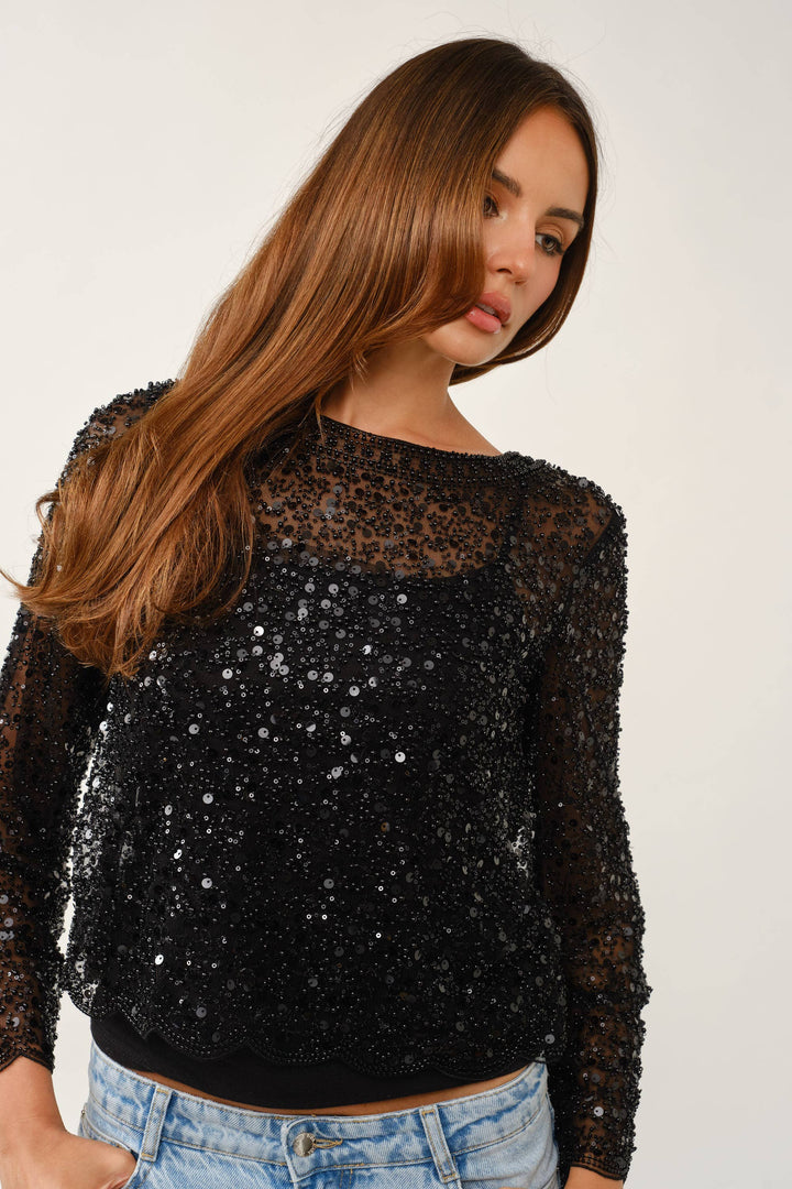 Fully Embellished Sequin & Pearl Scalloped Mesh Top