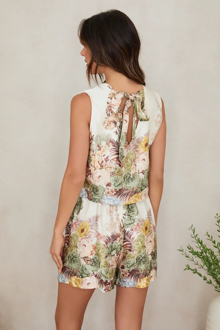 Floral Silky Button Back Tie Crop Top