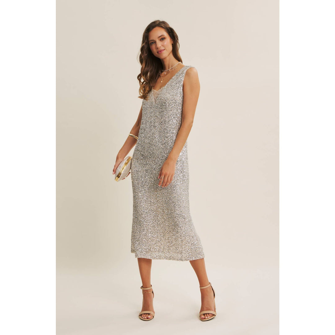 Shimmering Champagne Sequin Lace-Insert Midi Dress