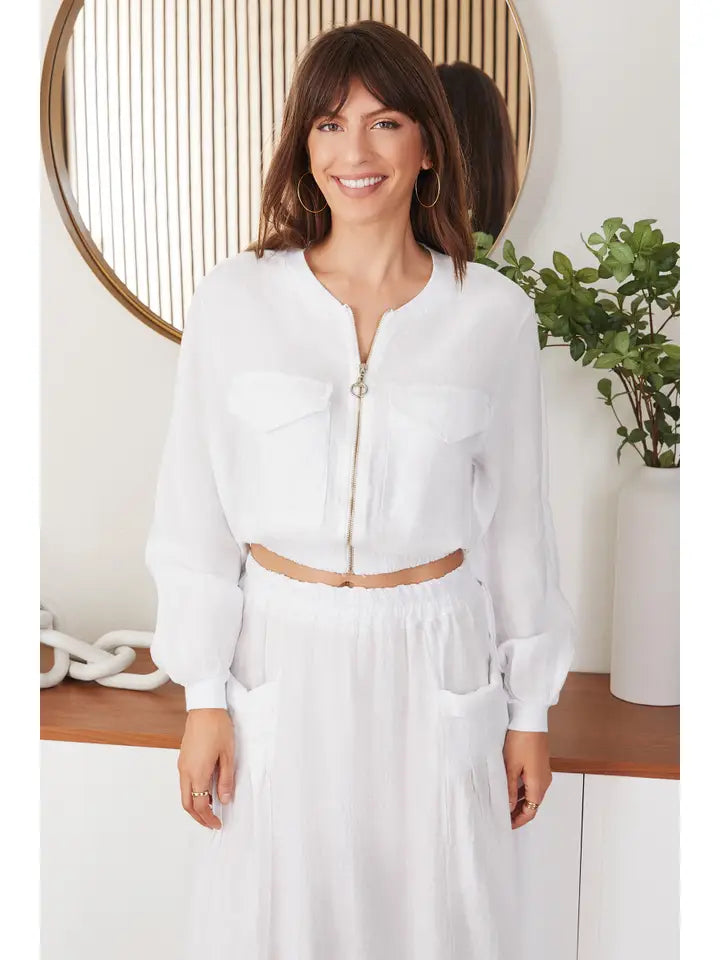 Mineral Wash Collarless Linen Front Pocket Zip Up Cropped Jacket