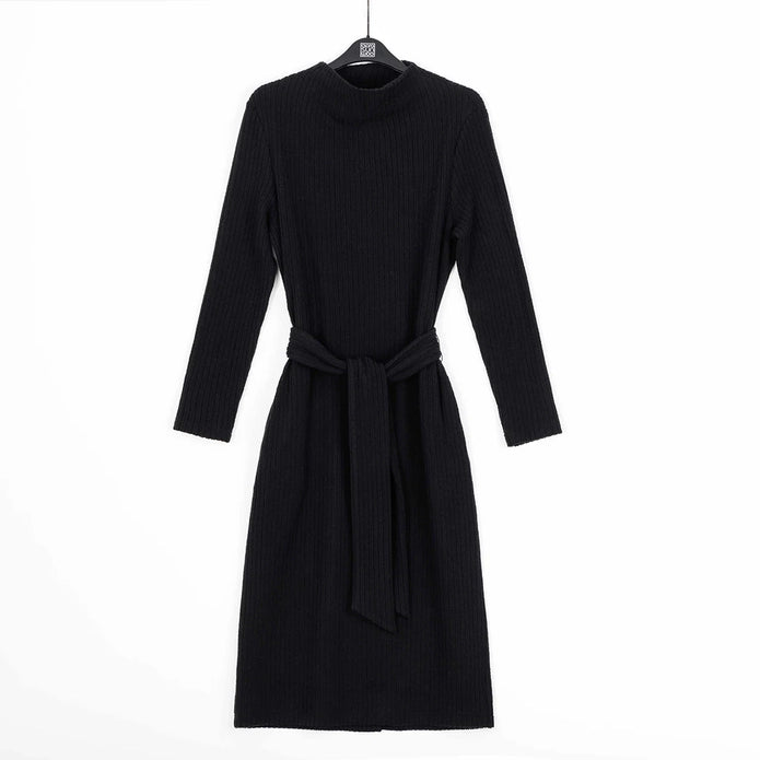 Ribbed Knit Sweater Dress with Belts and Pockets