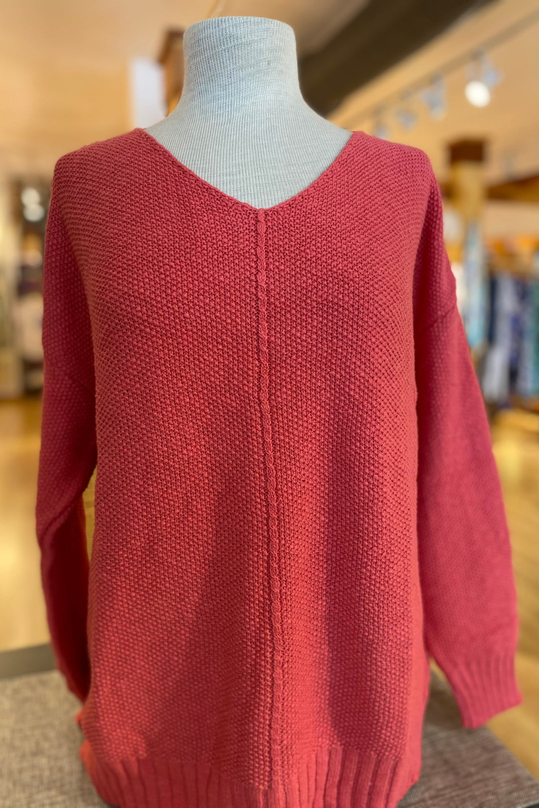 Avalin Ultimate Cotton Sweater – Center Seam Seed Stitch V‑Neck